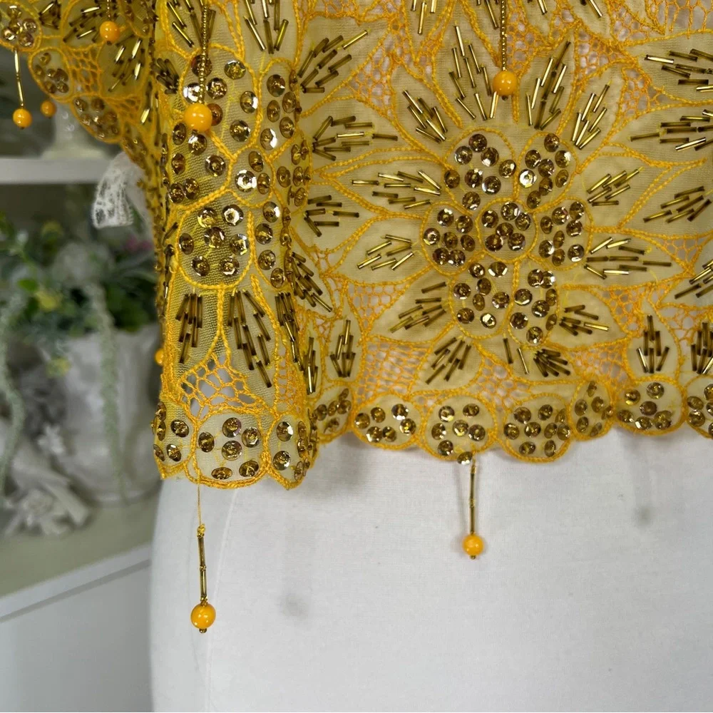 Vintage Funky Yellow Beaded Tie On Top Blouse - Picture 2 of 11